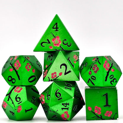 Solid Metal Green Plum Blossom DND Dice Set