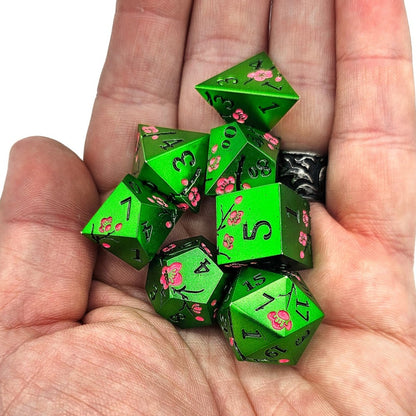 Solid Metal Green Plum Blossom DND Dice Set