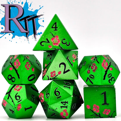 Solid Metal Green Plum Blossom DND Dice Set