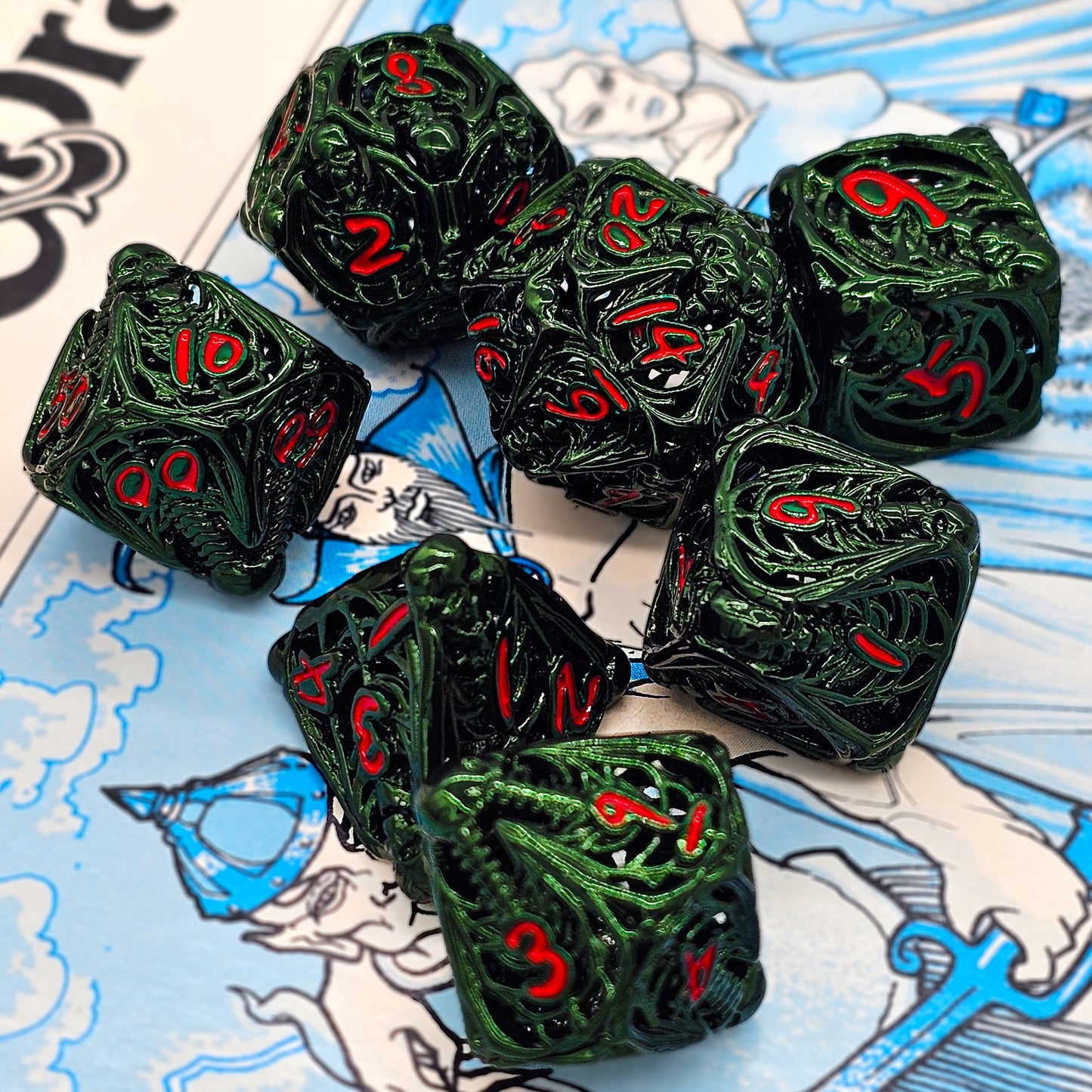 Hollow Metal Green Skeleton DND Dice Set