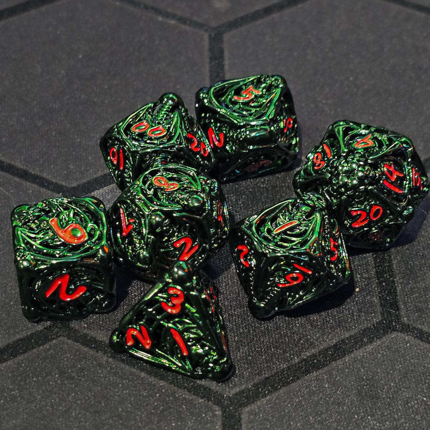 Hollow Metal Green Skeleton DND Dice Set