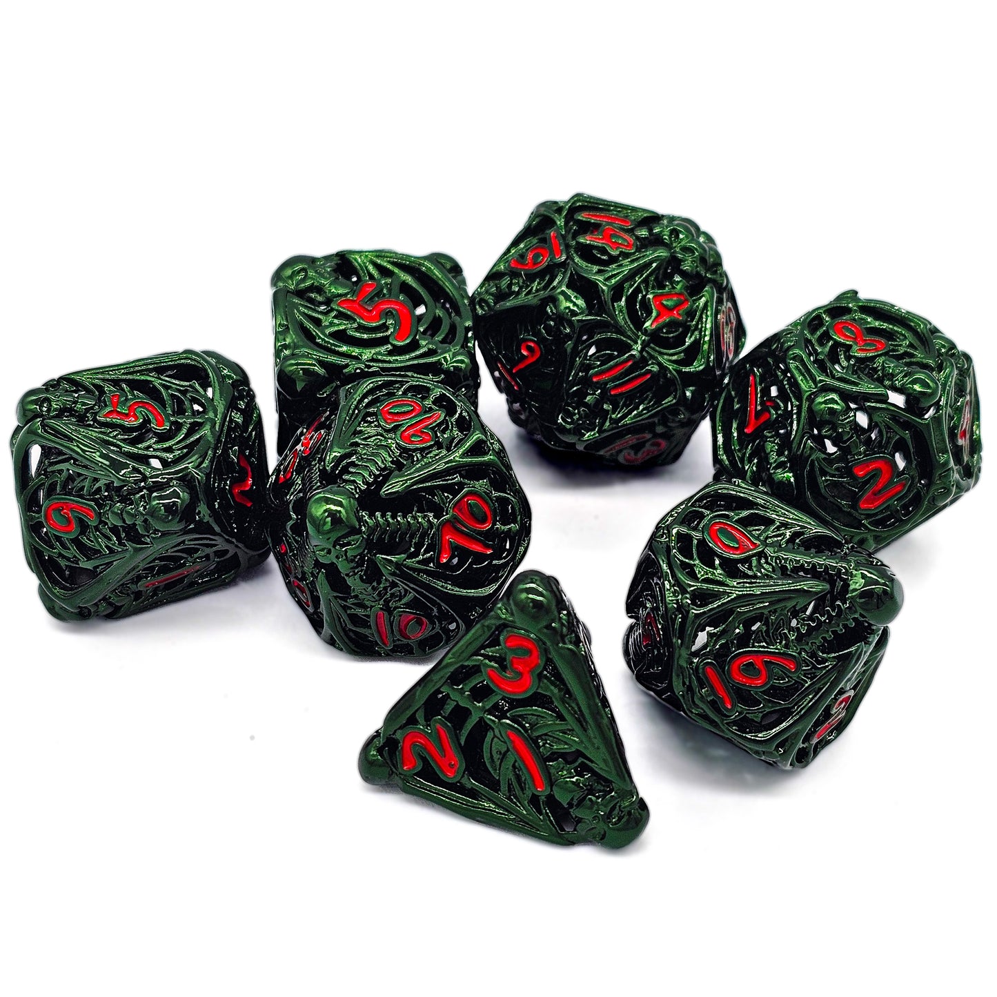 Hollow Metal Green Skeleton DND Dice Set