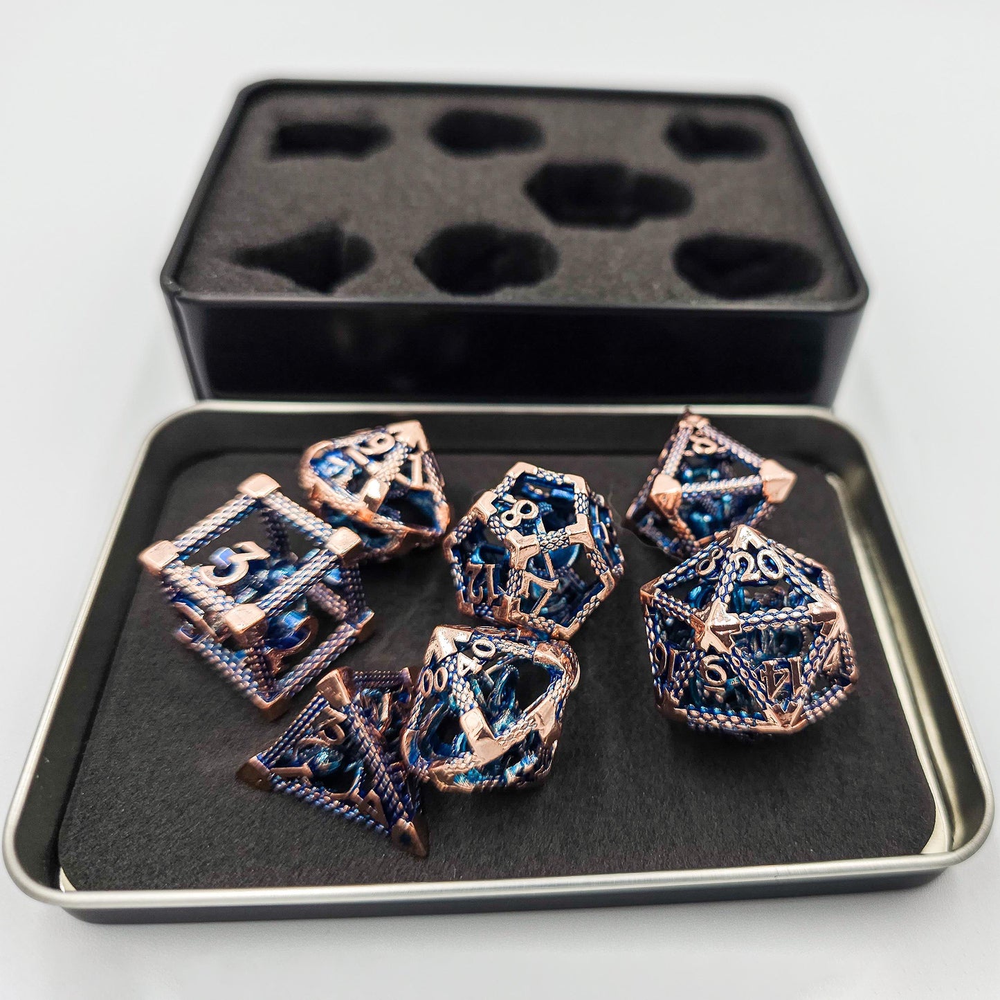 Blue & Rose Gold Hollow Metal Cthulhu Dice