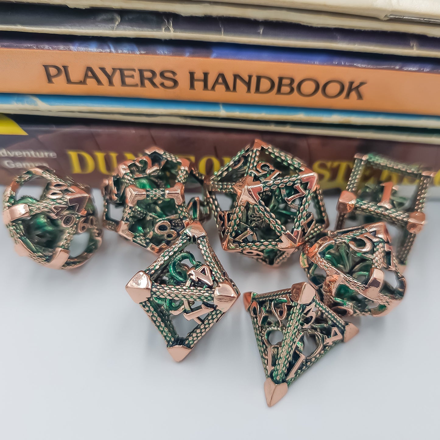 Green & Rose Gold Hollow Metal Cthulhu Dice