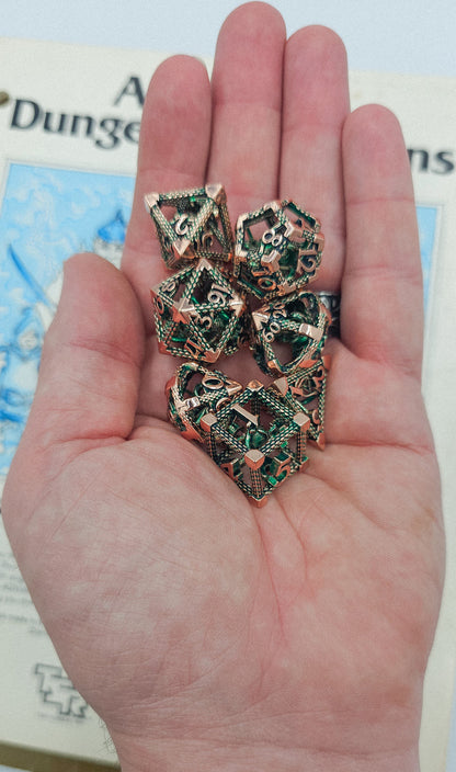 Green & Rose Gold Hollow Metal Cthulhu Dice