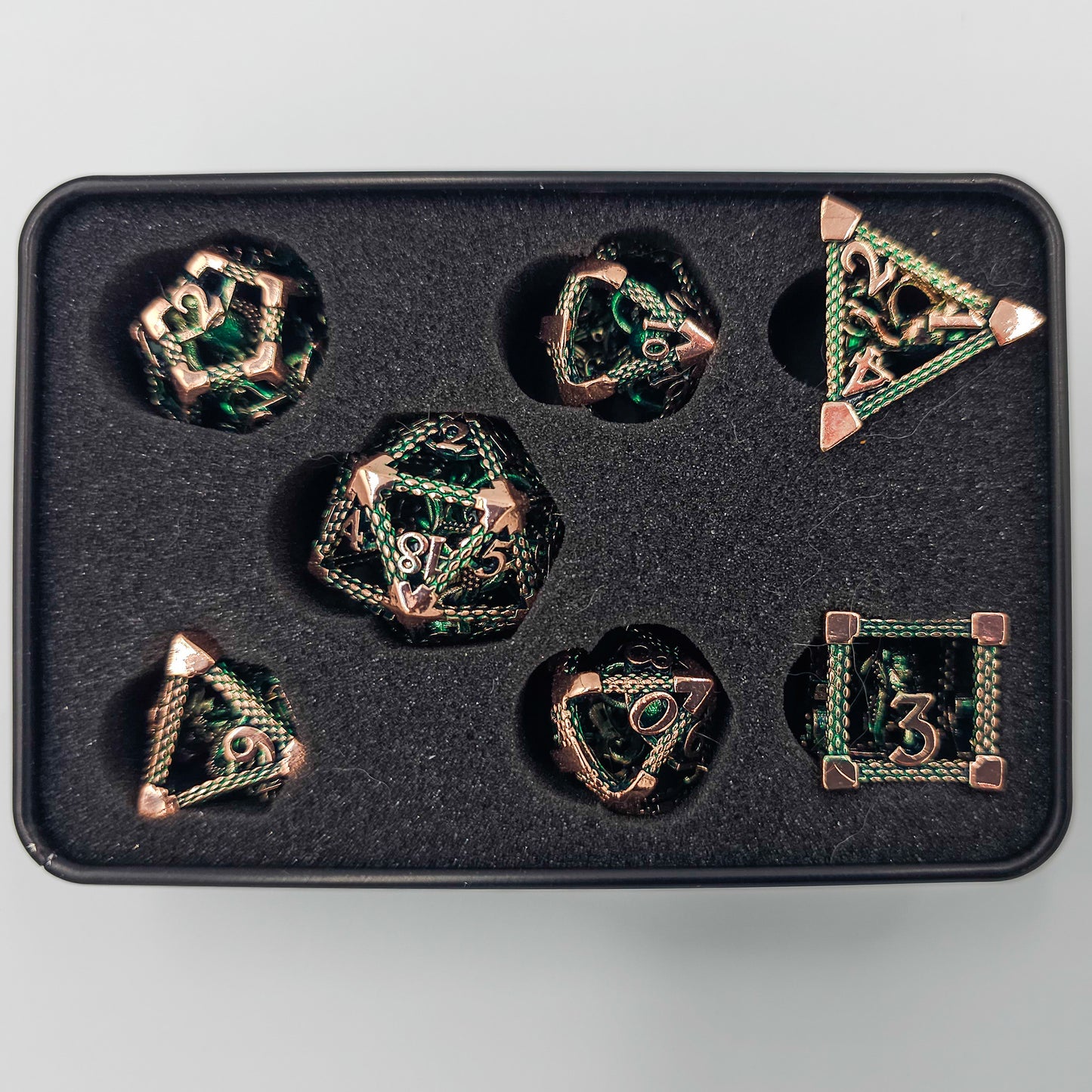 Green & Rose Gold Hollow Metal Cthulhu Dice