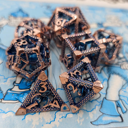 Blue & Rose Gold Hollow Metal Cthulhu Dice