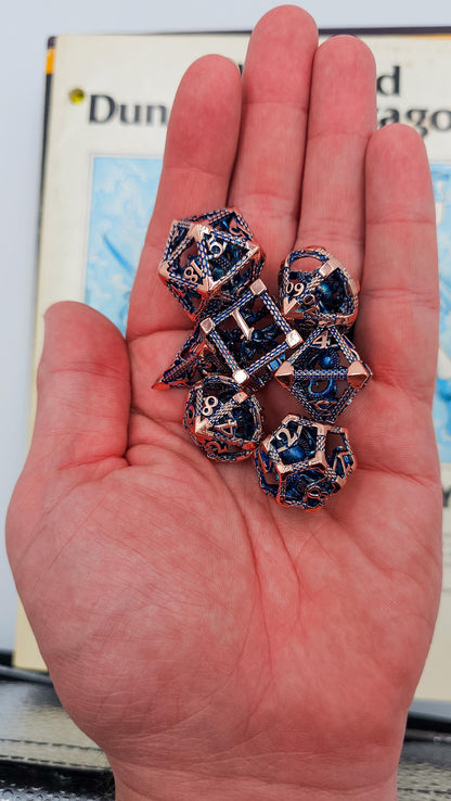 Blue & Rose Gold Hollow Metal Cthulhu Dice