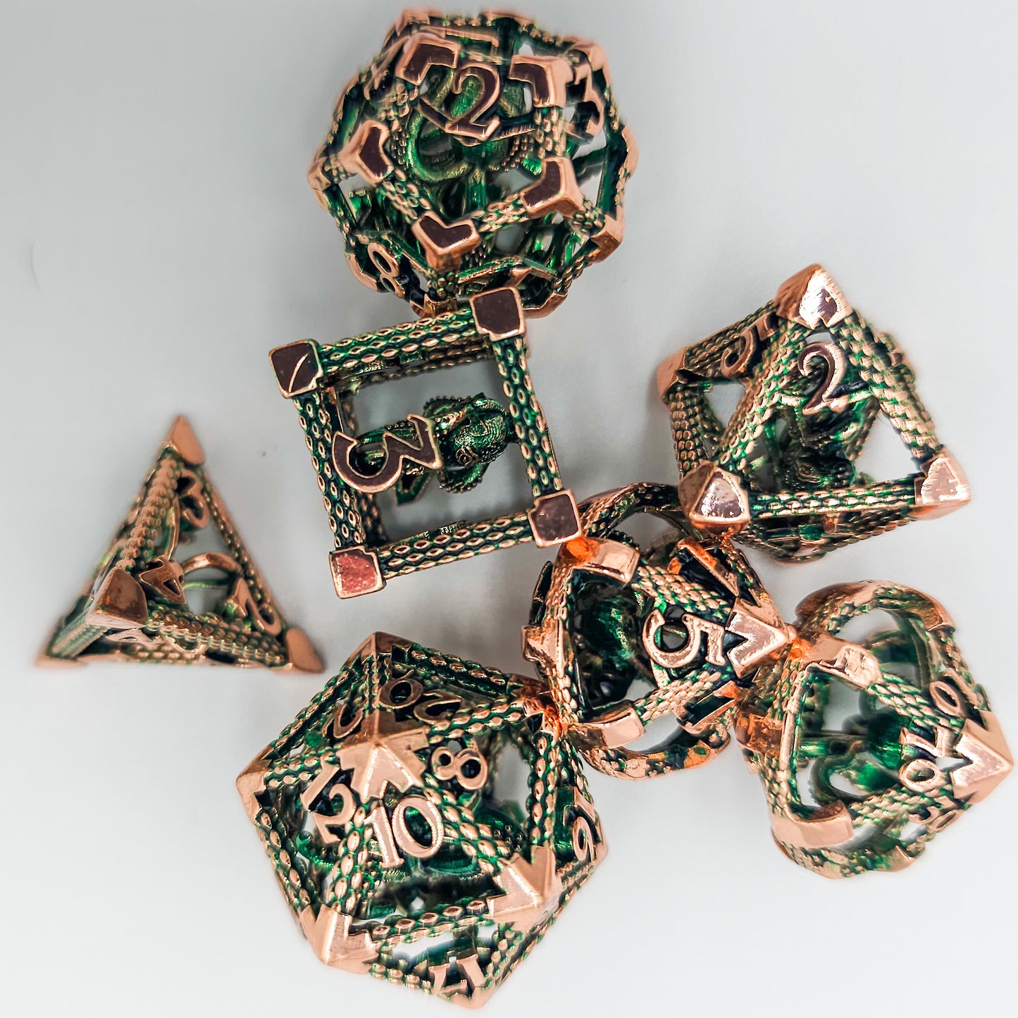 Green & Rose Gold Hollow Metal Cthulhu Dice