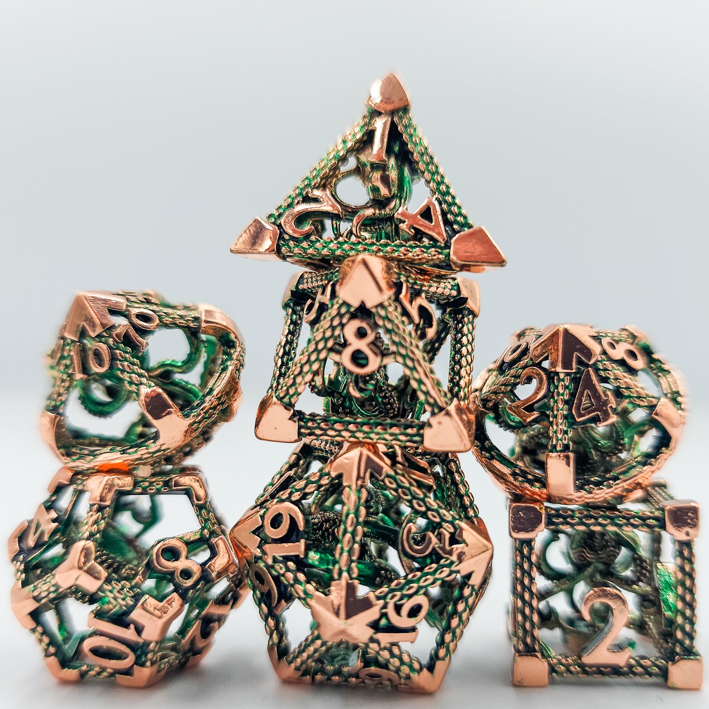 Green & Rose Gold Hollow Metal Cthulhu Dice