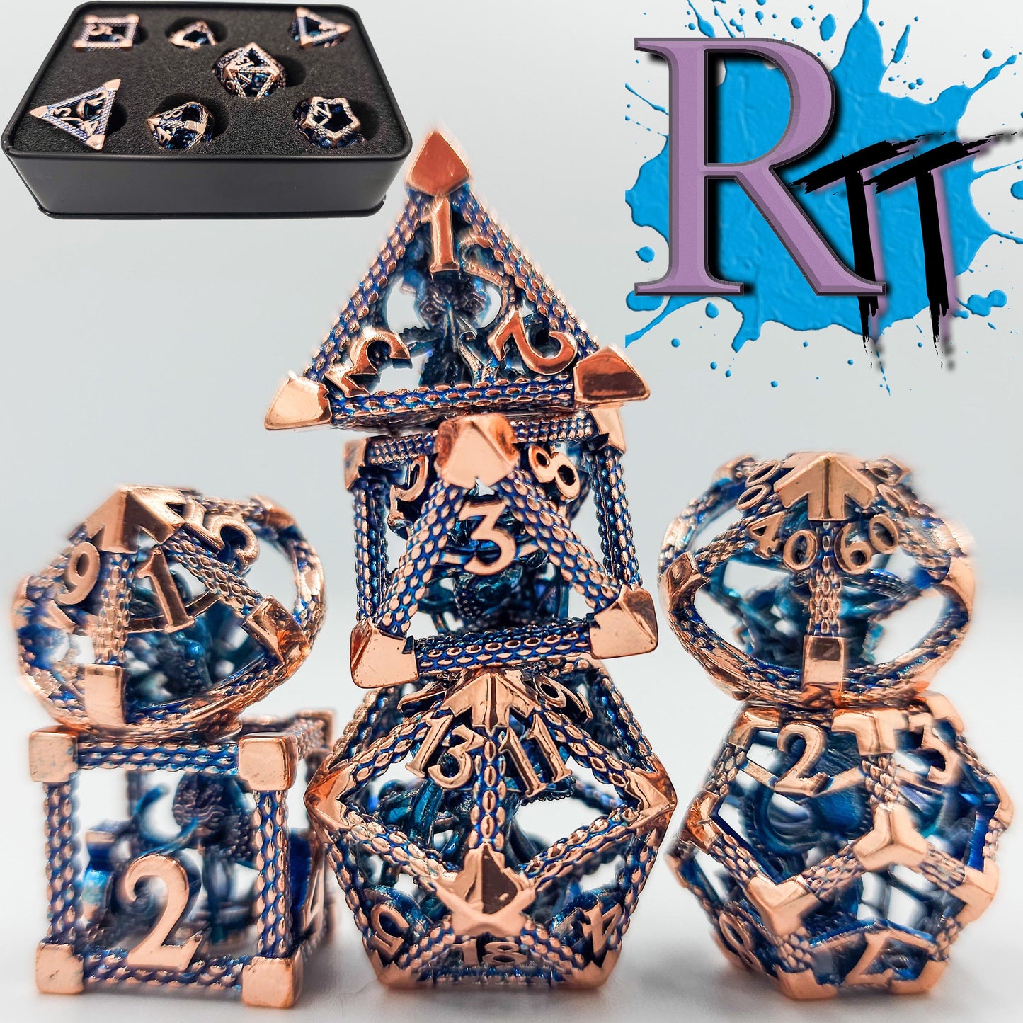 Blue & Rose Gold Hollow Metal Cthulhu Dice