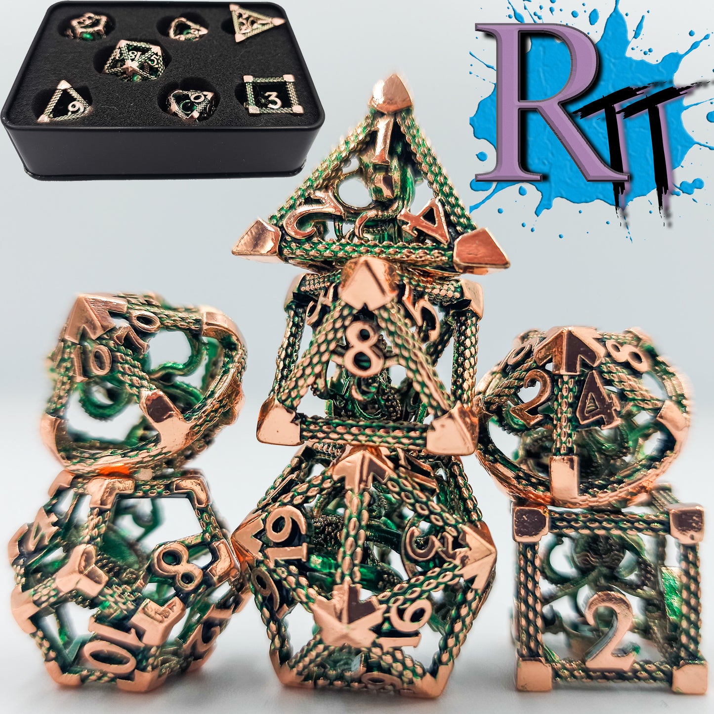 Green & Rose Gold Hollow Metal Cthulhu Dice