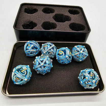 Blue, Silver & Gold Glowing Hollow Metal Dragon Orb Dice