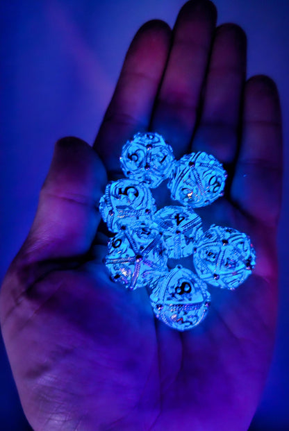 Blue, Silver & Gold Glowing Hollow Metal Dragon Orb Dice