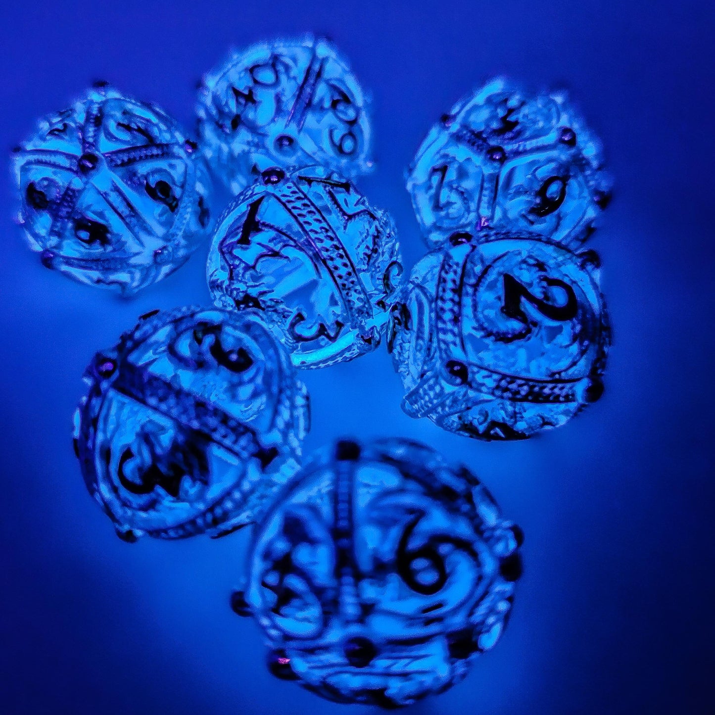 Blue, Silver & Gold Glowing Hollow Metal Dragon Orb Dice