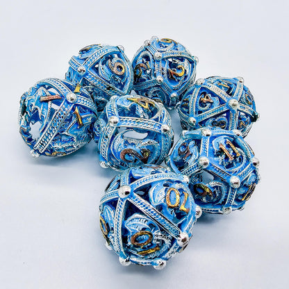 Blue, Silver & Gold Glowing Hollow Metal Dragon Orb Dice