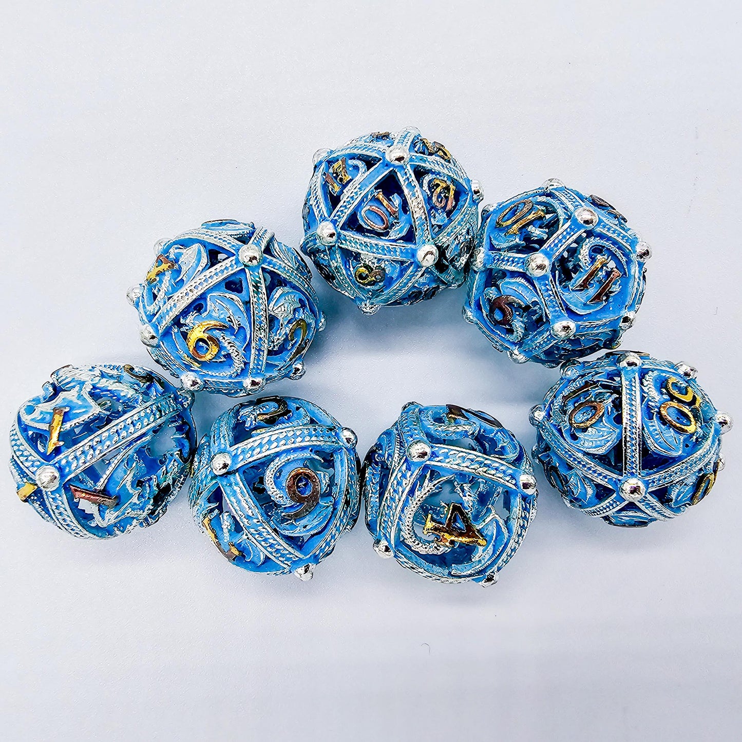 Blue, Silver & Gold Glowing Hollow Metal Dragon Orb Dice