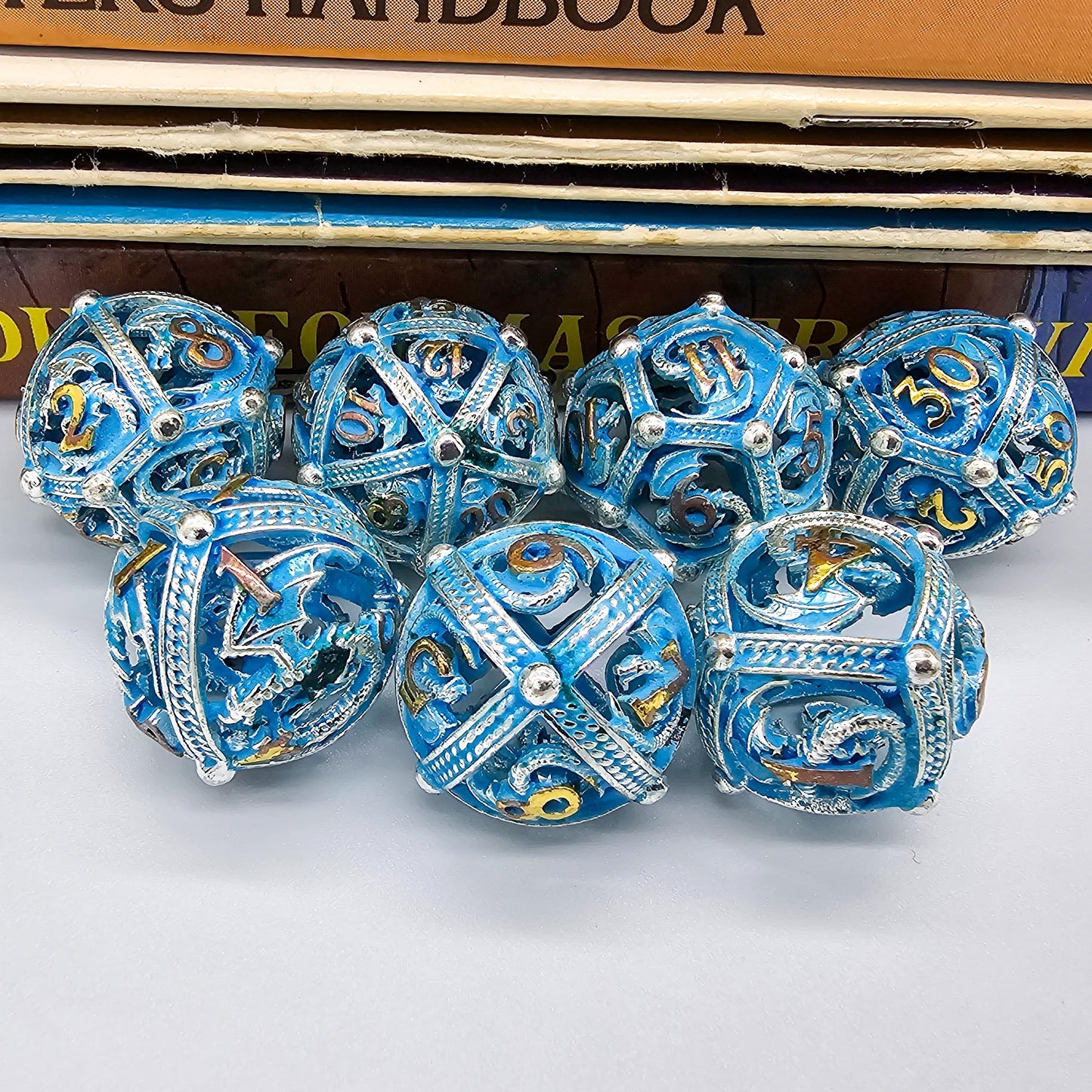 Blue, Silver & Gold Glowing Hollow Metal Dragon Orb Dice