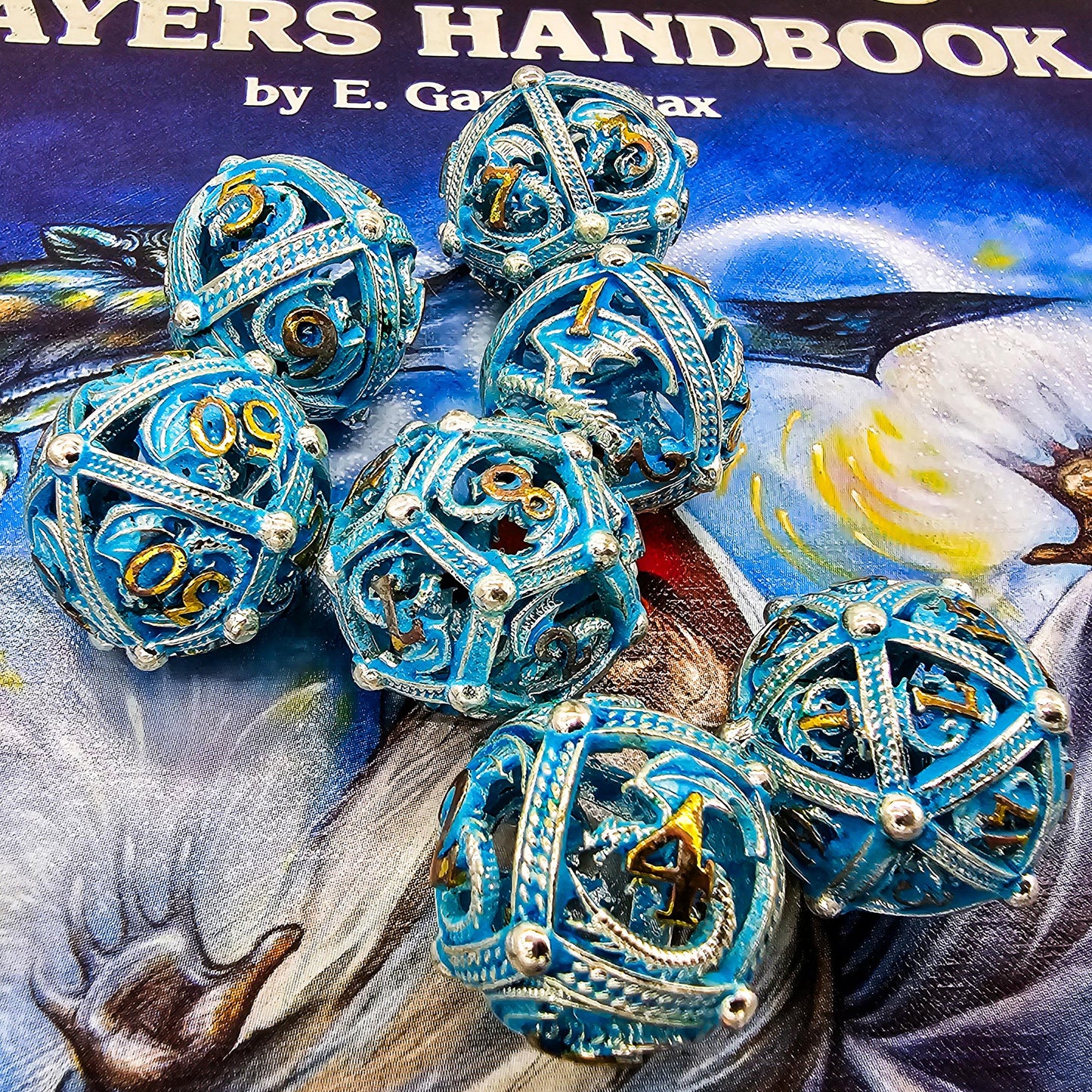 Blue, Silver & Gold Glowing Hollow Metal Dragon Orb Dice