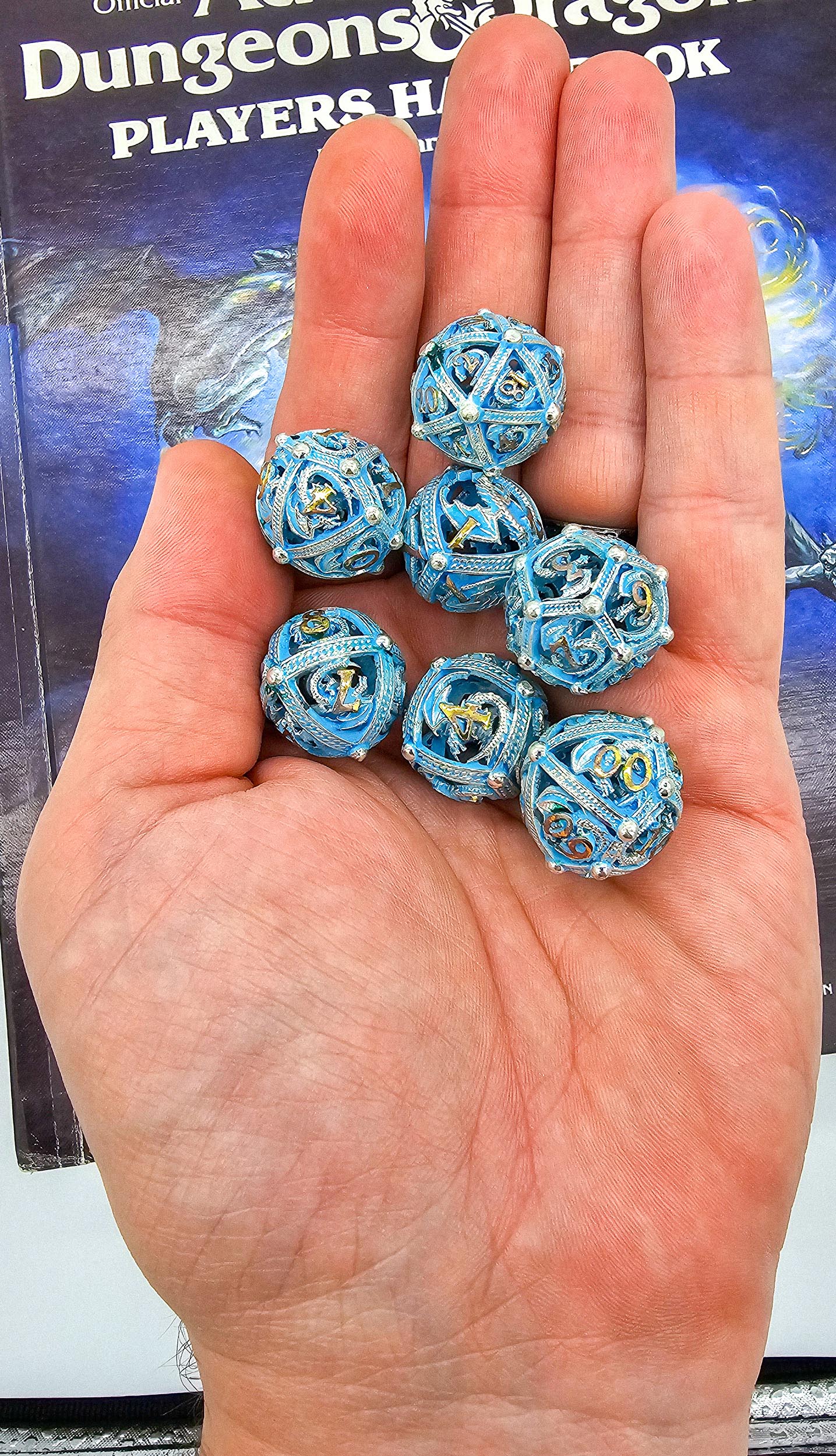 Blue, Silver & Gold Glowing Hollow Metal Dragon Orb Dice