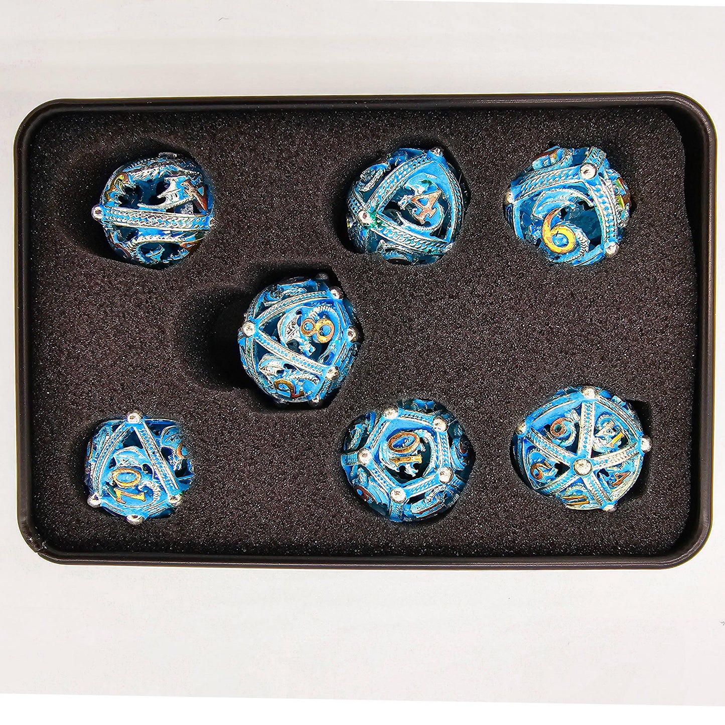 Blue, Silver & Gold Glowing Hollow Metal Dragon Orb Dice