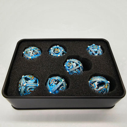 Blue, Silver & Gold Glowing Hollow Metal Dragon Orb Dice