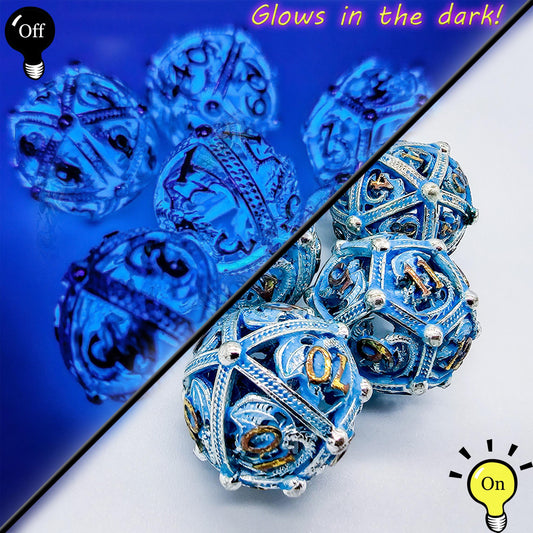 Blue, Silver & Gold Glowing Hollow Metal Dragon Orb Dice