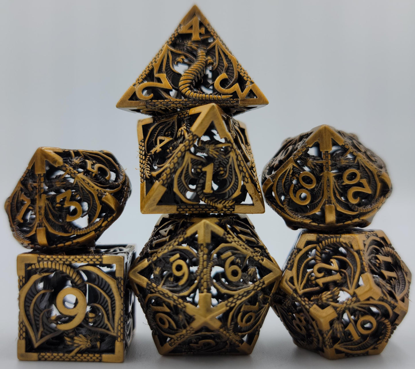 Hollow Metal Ancient Gold Dragon DND Dice Set