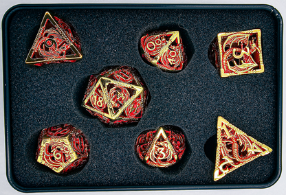 Hollow Metal Red & Gold Dragon DND Dice Set