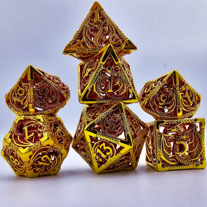 Hollow Metal Red & Gold Dragon DND Dice Set