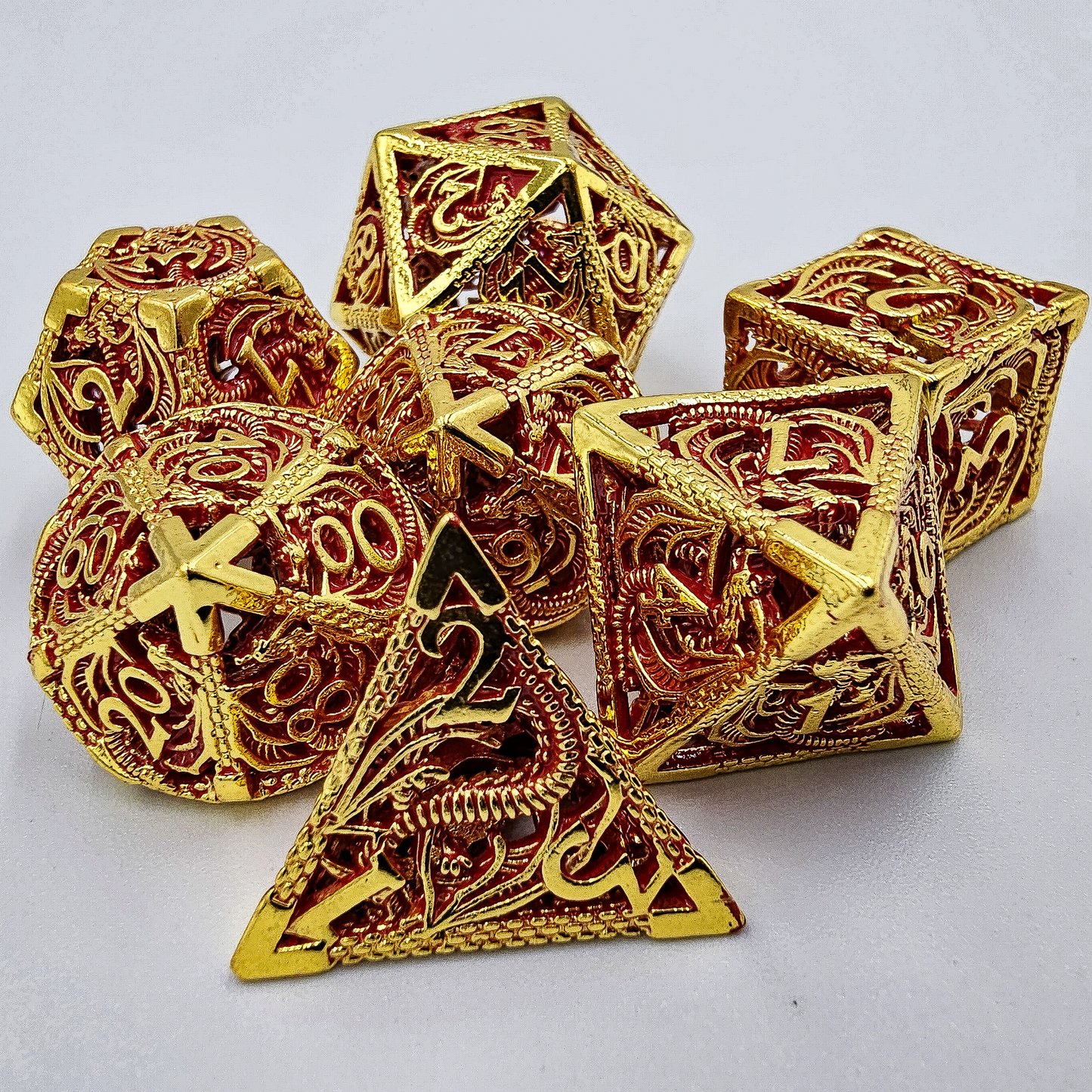 Hollow Metal Red & Gold Dragon DND Dice Set