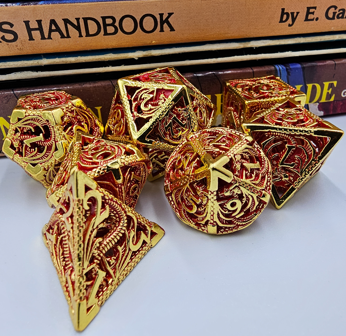 Hollow Metal Red & Gold Dragon DND Dice Set