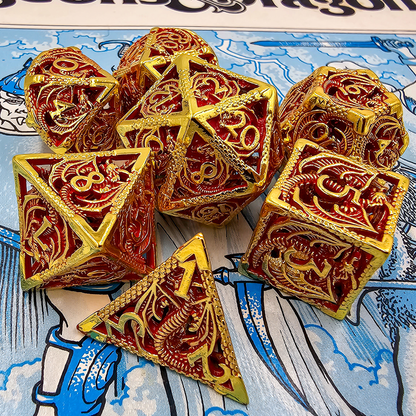 Hollow Metal Red & Gold Dragon DND Dice Set