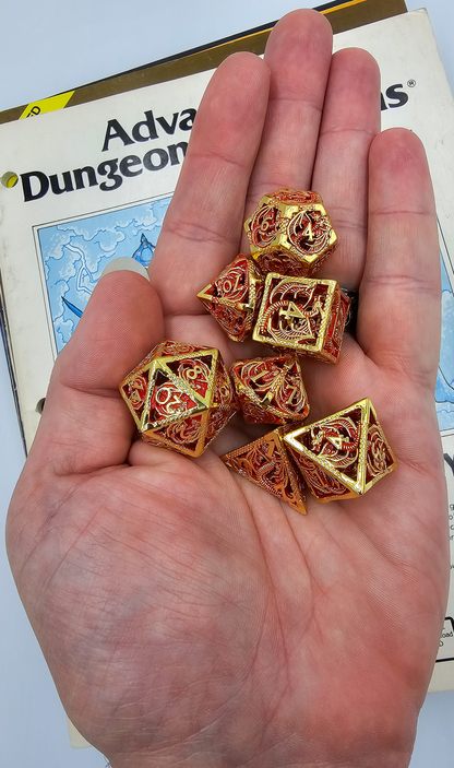 Hollow Metal Red & Gold Dragon DND Dice Set