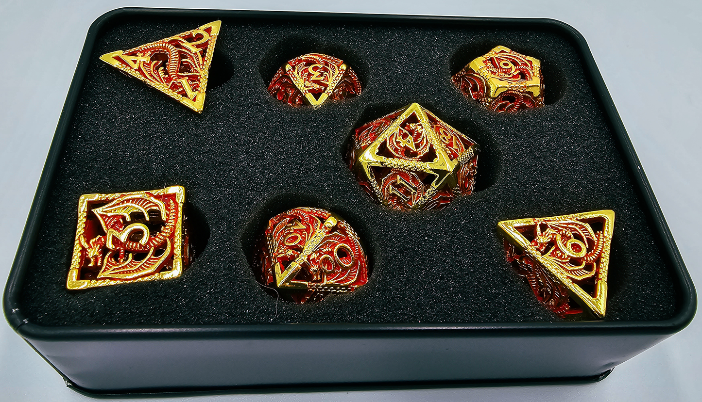 Hollow Metal Red & Gold Dragon DND Dice Set