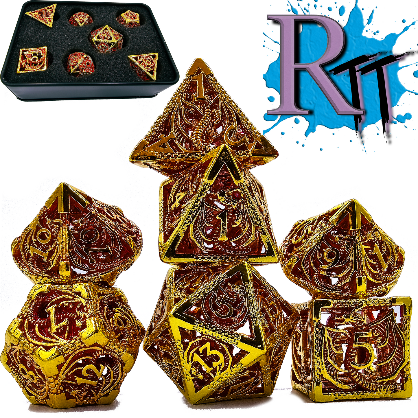 Hollow Metal Red & Gold Dragon DND Dice Set