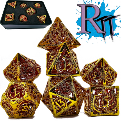 Hollow Metal Red & Gold Dragon DND Dice Set