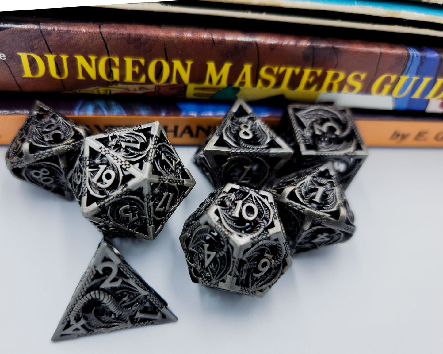 Hollow Metal Grey Dragon DND Dice Set
