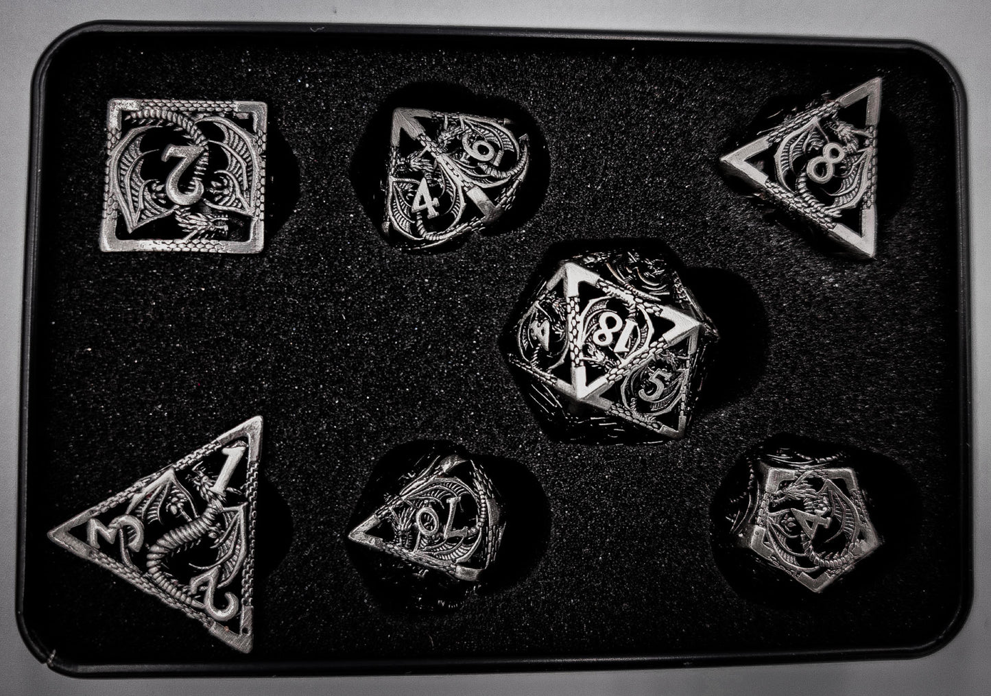 Hollow Metal Grey Dragon DND Dice Set