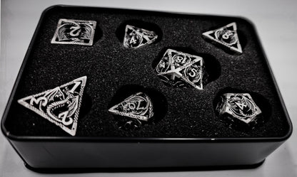 Hollow Metal Grey Dragon DND Dice Set