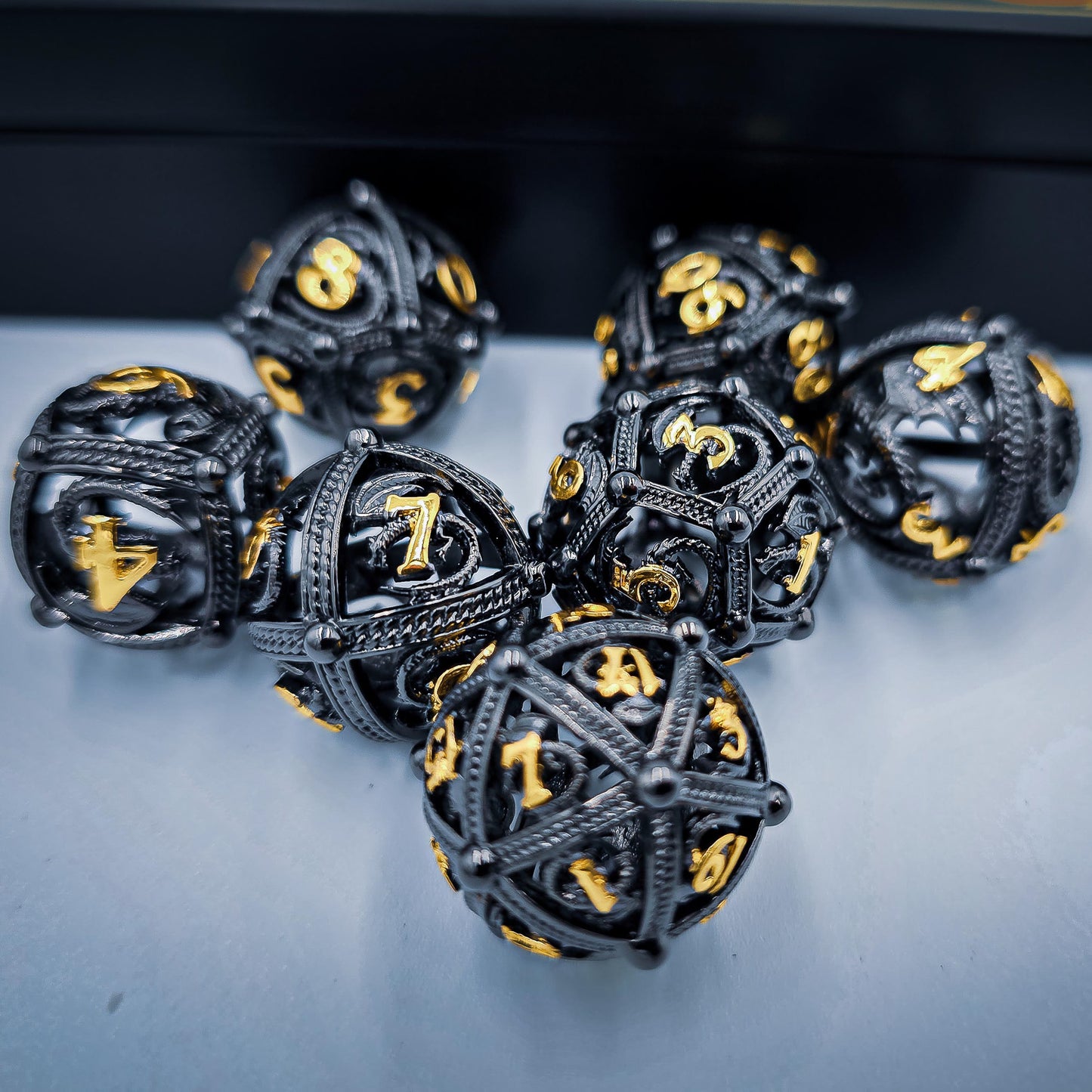 Black & Gold Hollow Metal Dragon Orb Dice