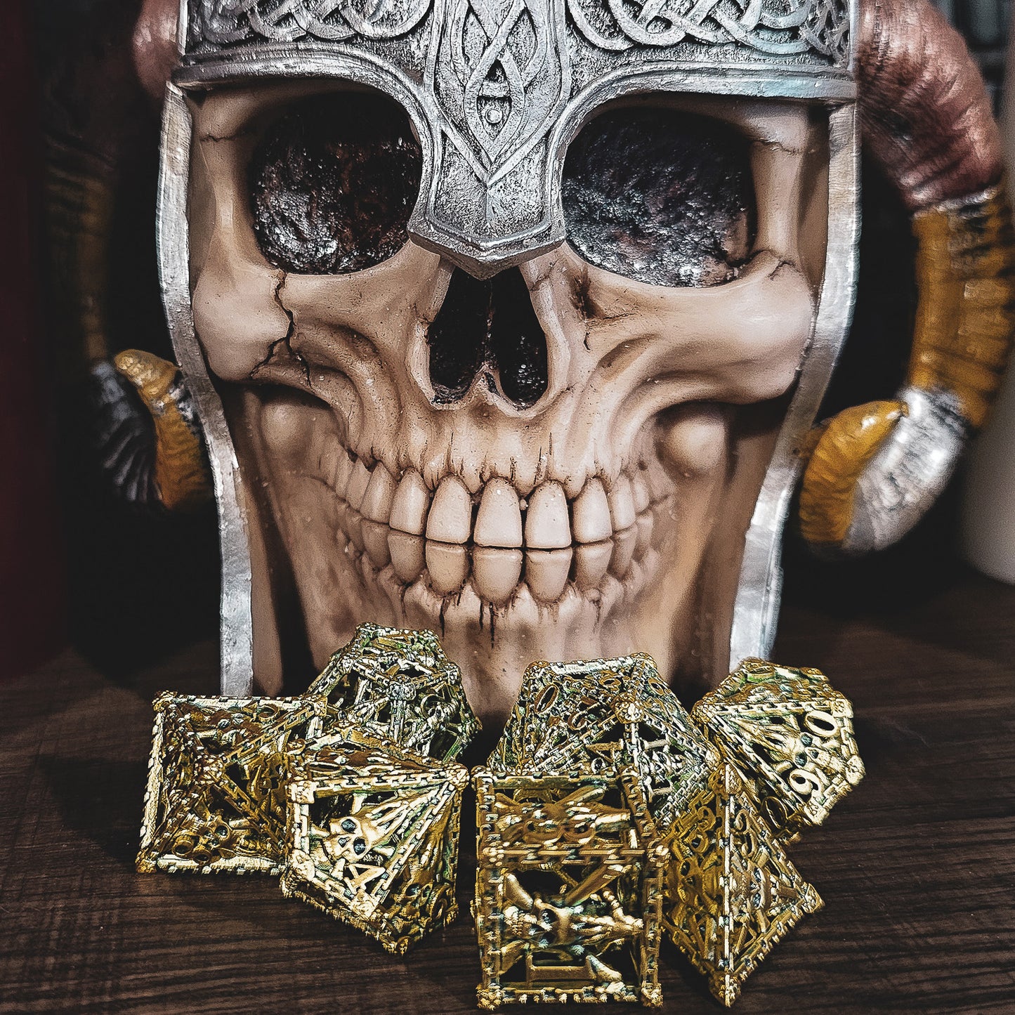 Hollow Metal Ancient Gold Skeleton DND Dice Set