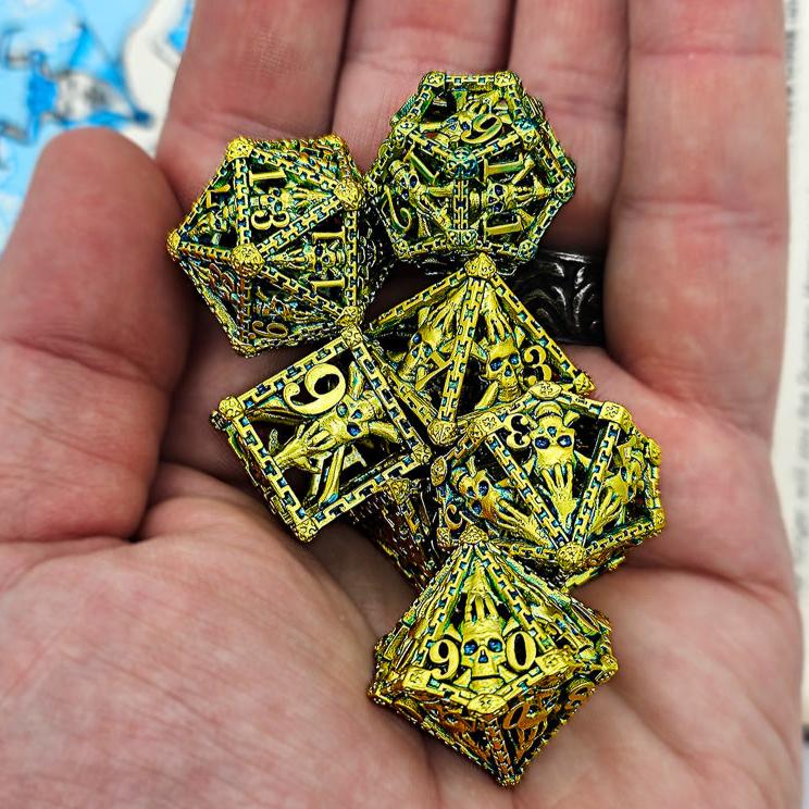 Hollow Metal Ancient Gold Skeleton DND Dice Set