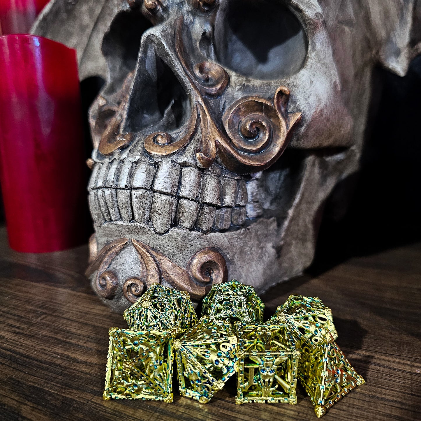 Hollow Metal Ancient Gold Skeleton DND Dice Set