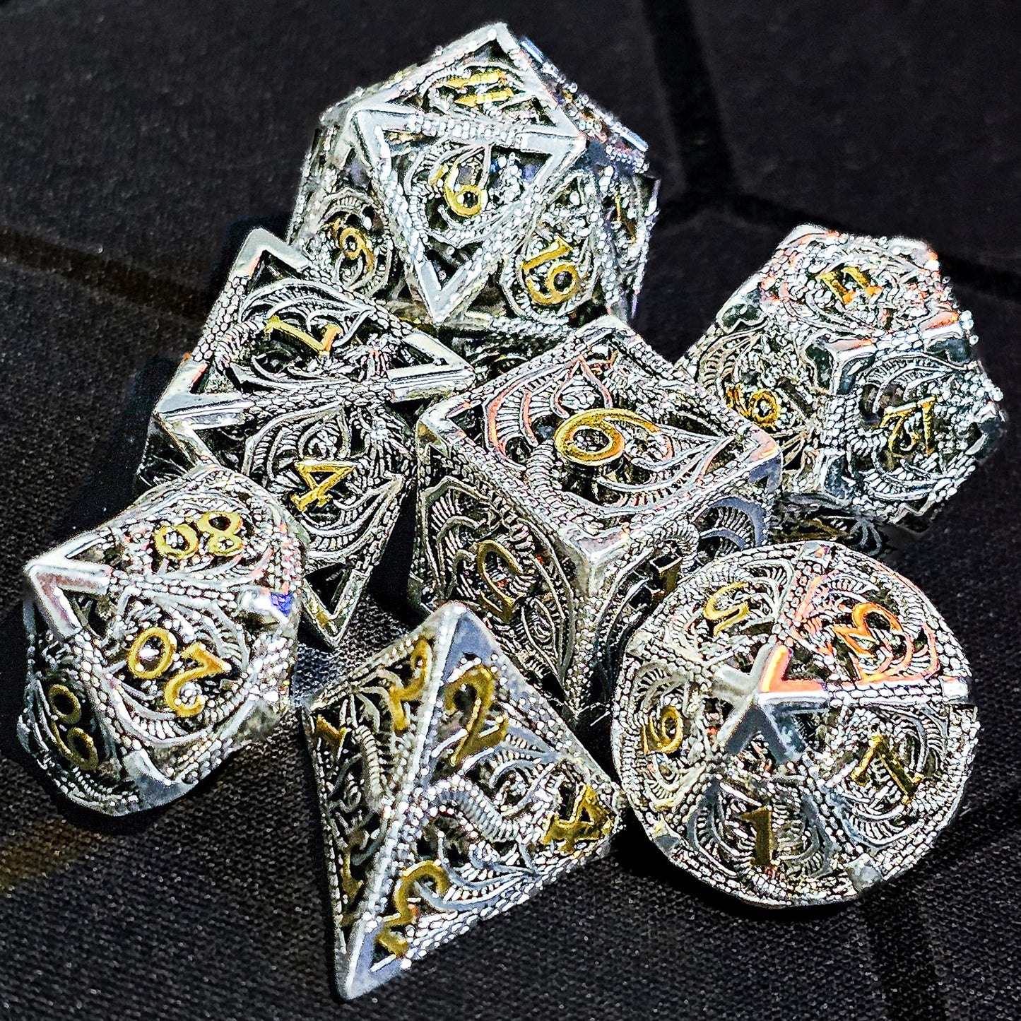 Hollow Metal Silver & Gold Dragon DND Dice Set