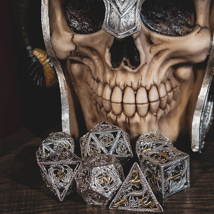 Hollow Metal Silver & Gold Dragon DND Dice Set