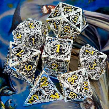 Hollow Metal Silver & Gold Dragon DND Dice Set