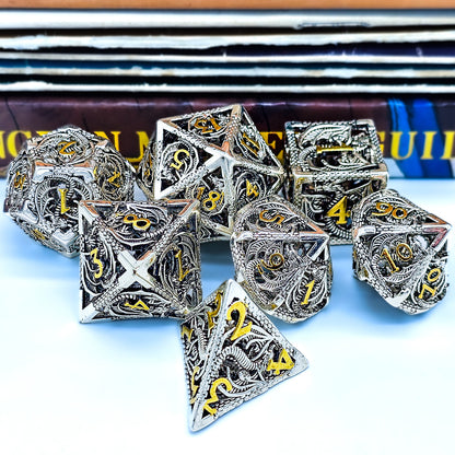 Hollow Metal Silver & Gold Dragon DND Dice Set