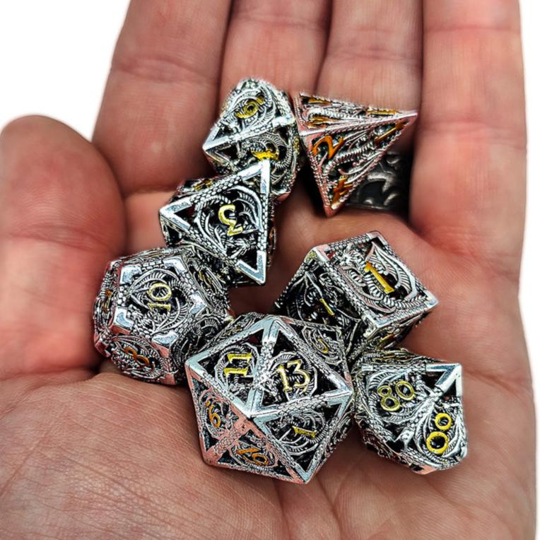 Hollow Metal Silver & Gold Dragon DND Dice Set