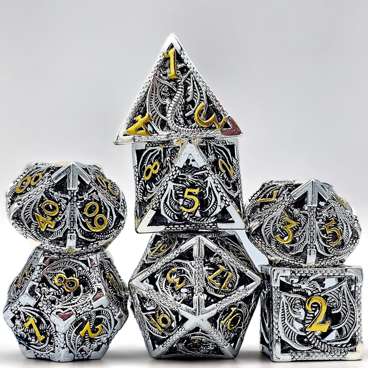 Hollow Metal Silver & Gold Dragon DND Dice Set